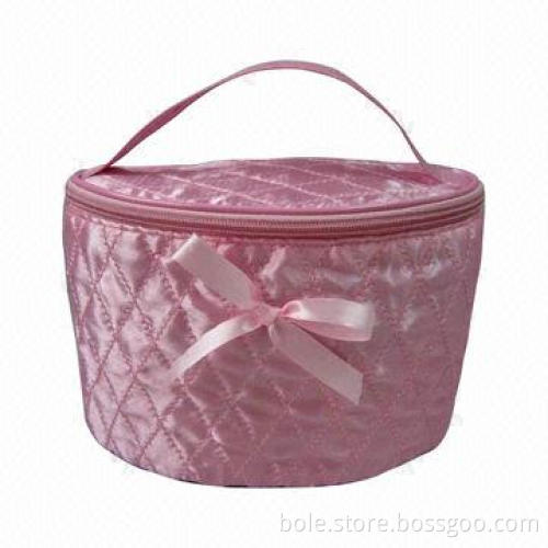 Cute Cosmetic Bag for Pormotion with Nylon Zipper Closure and Handle, With Bow and Quilting